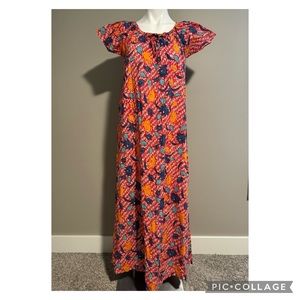 Vintage Sears Colorful Red Maxi Dress Boho Abstract Floral Print Flowy Medium
